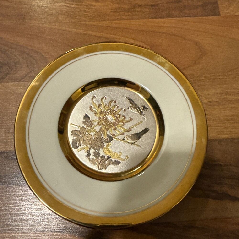 24KT Gold Rimmed Chokin Art Collection Rare Plate Bird Art Japan